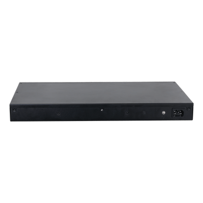 Zwarte metalen behuizing van de Dahua PFS4226-24GT-370 managed PoE-switch met stroomaansluiting aan de achterzijde.