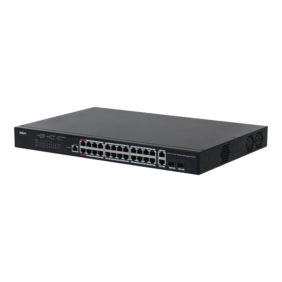 Zwarte metalen Dahua 24-poorts gigabit PoE managed switch met ventilatieopeningen en statusindicatielampjes.