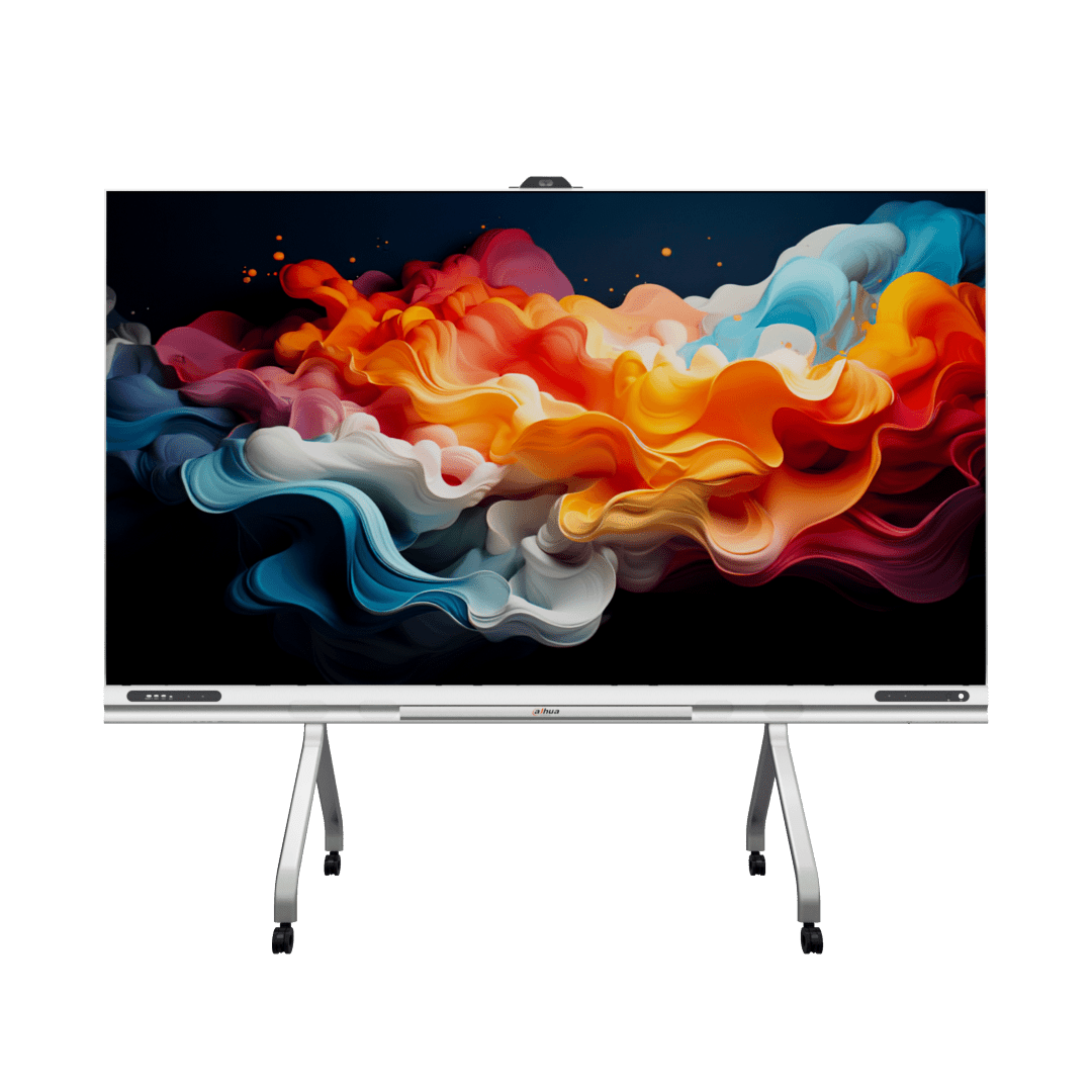 Dahua 135-inch all-in-one LED display met dunne zilveren rand, camera en verrijdbaar statief op een witte achtergrond.