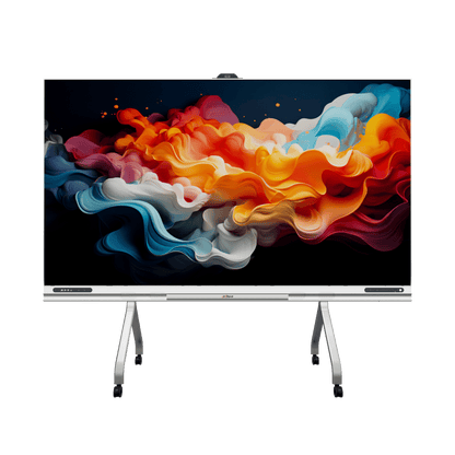 Dahua 135-inch all-in-one LED display met dunne zilveren rand, camera en verrijdbaar statief op een witte achtergrond.
