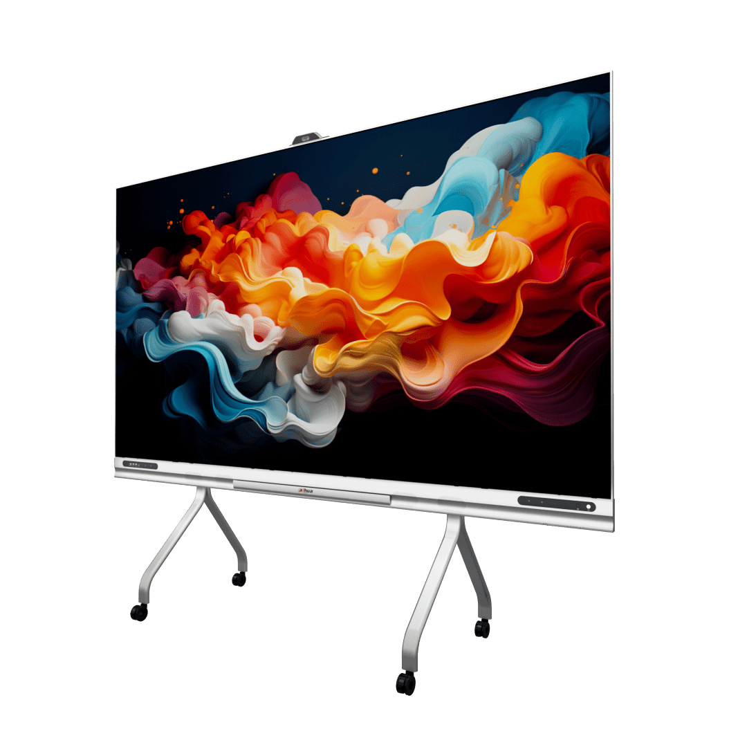 Dahua 135 inch all-in-one LED display met dunne witte rand op verrijdbaar statief en geïntegreerde camera.