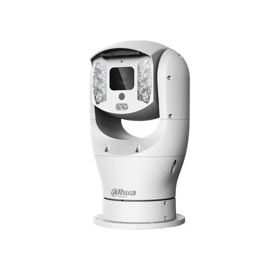 Witte Dahua PTZ-beveiligingscamera met 45x zoom, krachtige IR-verlichting en robuuste IP68-behuizing voor professionele bewaking.