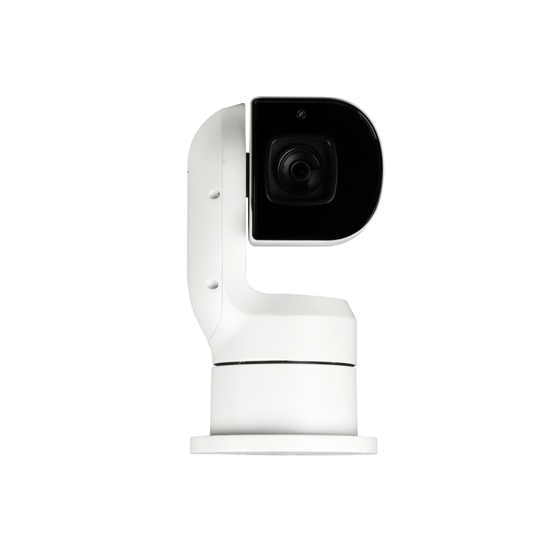 Witte Dahua PTZ-beveiligingscamera met 25x optische zoom en zwarte lensbehuizing voor buitenbewaking.