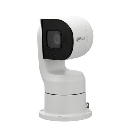 Witte Dahua PTZ-beveiligingscamera met 25x optische zoom en zwart glazen lenspaneel op een ronde montagevoet.