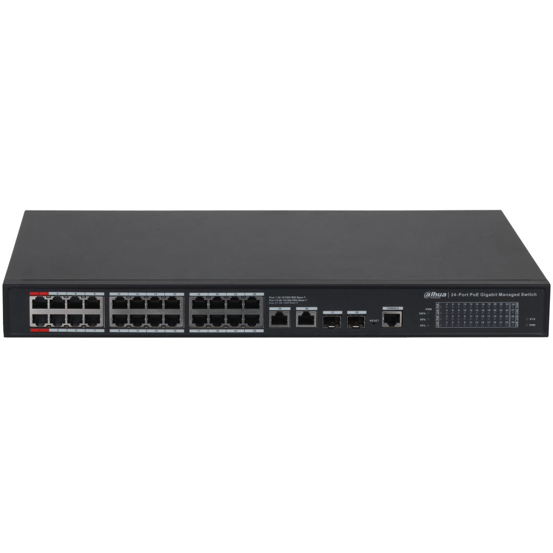 Zwarte Dahua 24-poorts Gigabit PoE managed switch in metalen behuizing met statuslampjes en netwerkpoorten.
