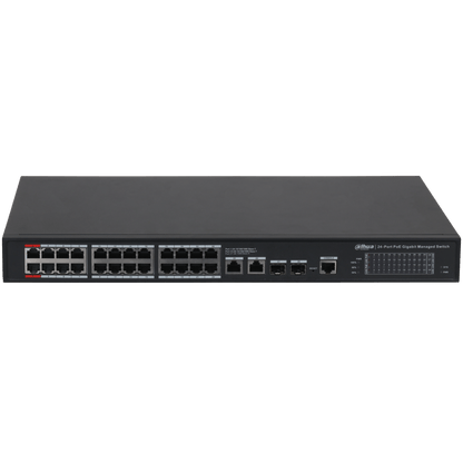 Zwarte Dahua 24-poorts Gigabit PoE managed switch in metalen behuizing met statuslampjes en netwerkpoorten.