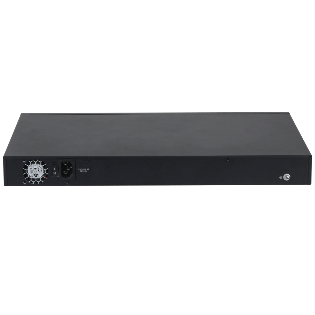 Zwarte metalen achterkant van de Dahua S4228-24GT-240 PoE-switch met stroomaansluiting en koelventilator.