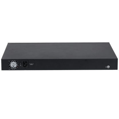 Zwarte metalen achterkant van de Dahua S4228-24GT-240 PoE-switch met stroomaansluiting en koelventilator.
