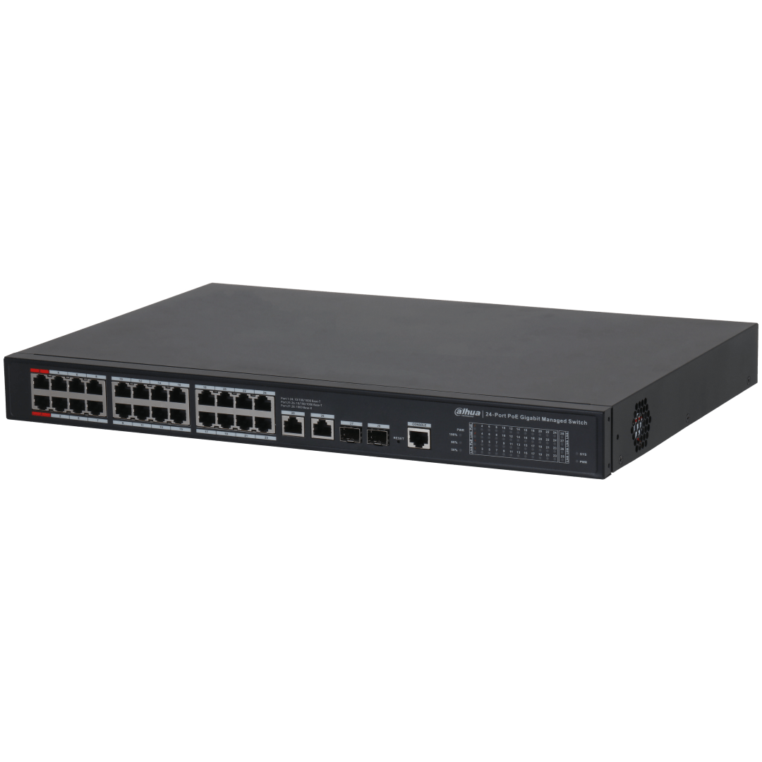Zwarte Dahua 24-poorts PoE Gigabit managed switch met metalen behuizing en status-LED's aan de voorzijde.