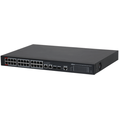 Zwarte Dahua 24-poorts PoE Gigabit managed switch met metalen behuizing en status-LED's aan de voorzijde.