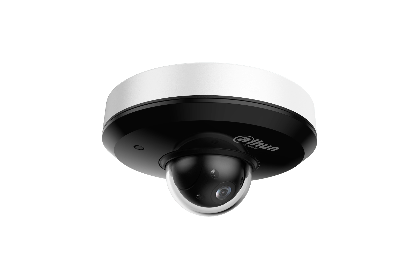Witte Dahua SD1A404DB-GNY PTZ-domecamera met zwarte behuizing en transparante lenskap voor professionele bewaking.