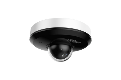 Witte Dahua SD1A404DB-GNY PTZ-domecamera met zwarte behuizing en transparante lenskap voor professionele bewaking.