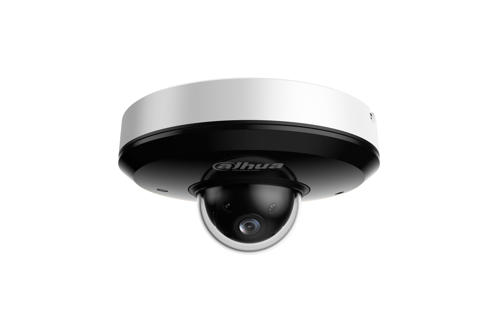 Dahua SD1A404DB-GNY 4MP PTZ-beveiligingscamera met wit-zwarte behuizing en glazen koepel voor plafondmontage.