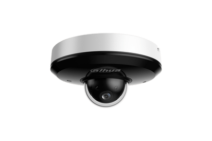 Dahua SD1A404DB-GNY 4MP PTZ-beveiligingscamera met wit-zwarte behuizing en glazen koepel voor plafondmontage.