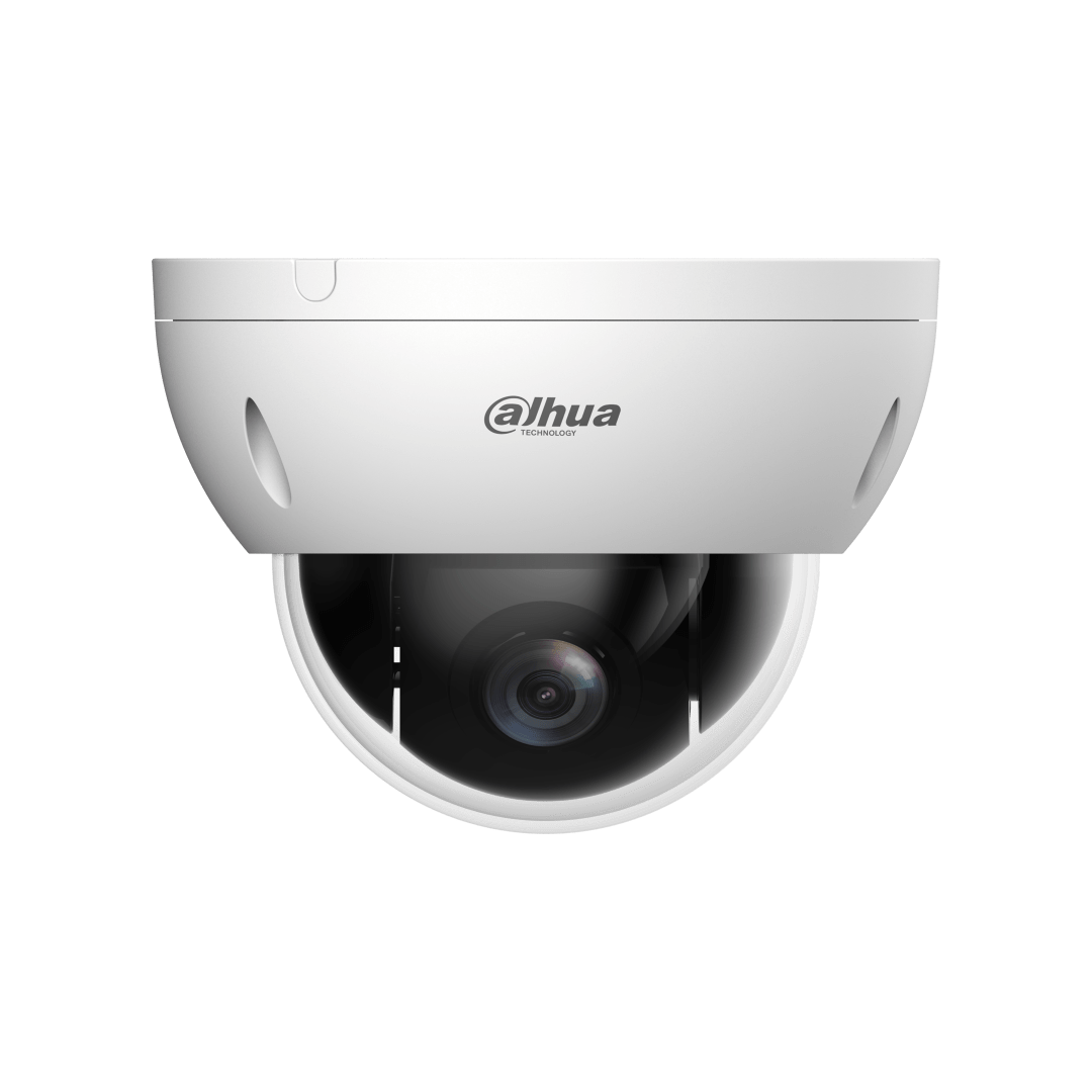 Witte Dahua SD22204DB-GNY dome-beveiligingscamera met 4x optische zoom en robuuste IK10-behuizing.