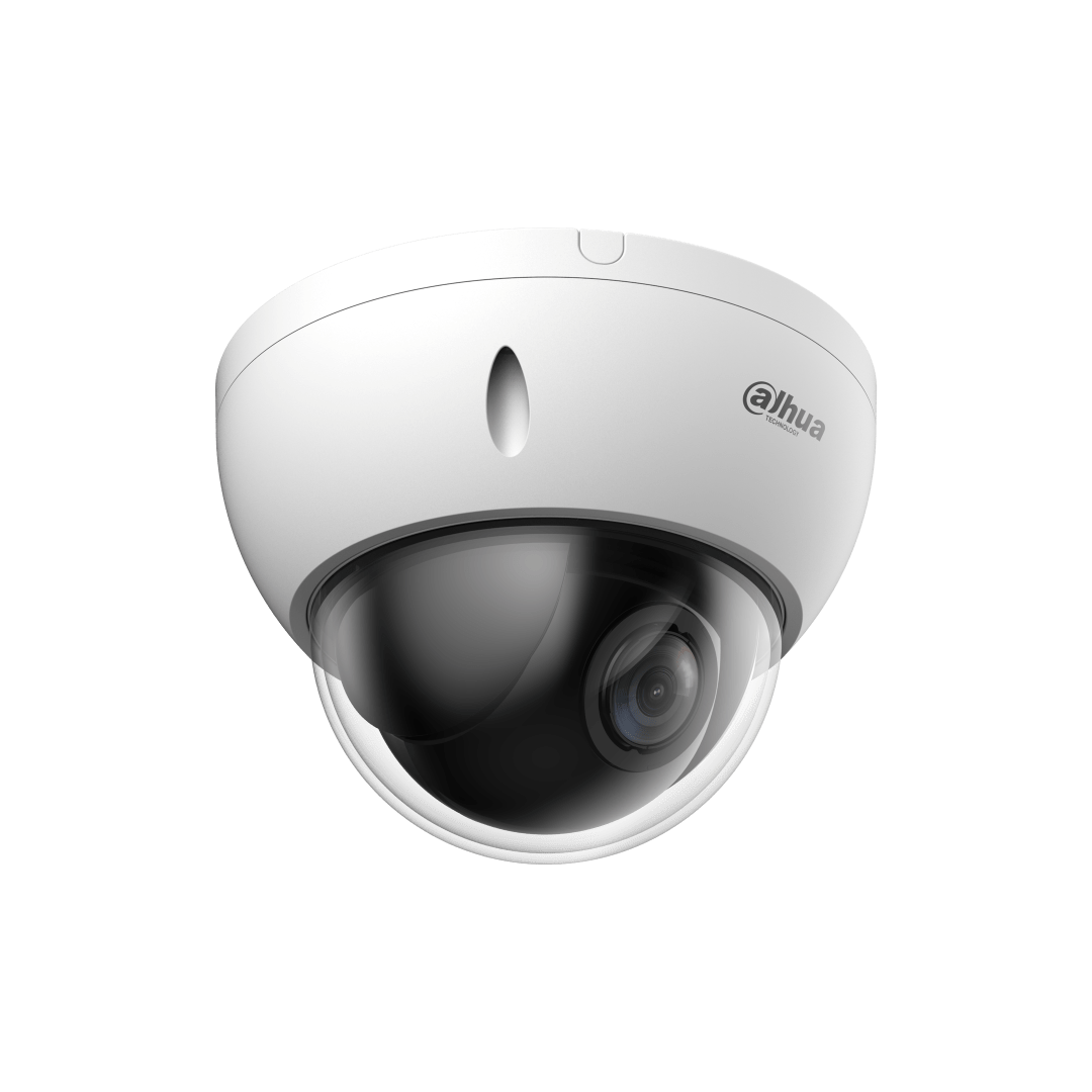 Witte Dahua SD22204DB-GNY dome-beveiligingscamera met transparante koepel en 4x optische zoomlens.