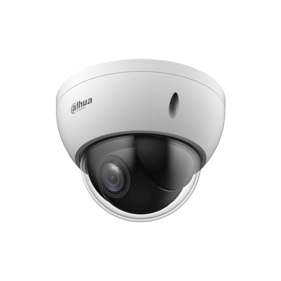 Witte Dahua SD22204DB-GNY dome-beveiligingscamera met transparante koepel en 4x optische zoomlens.