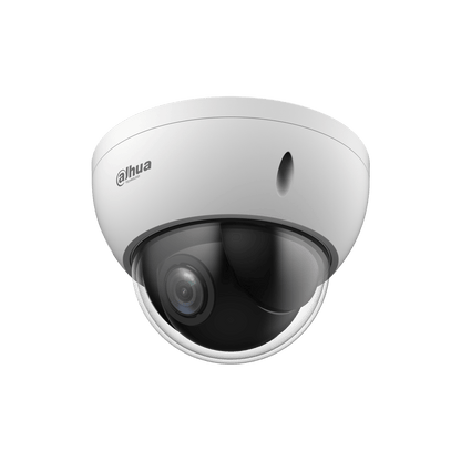 Witte Dahua SD22204DB-GNY dome-beveiligingscamera met transparante koepel en 4x optische zoomlens.