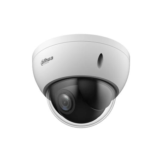 Witte Dahua SD22204DB-GNY dome-beveiligingscamera met transparante koepel en 4x optische zoomlens.