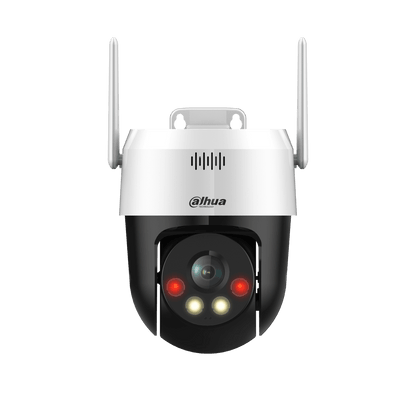 Witte Dahua PT-beveiligingscamera met twee Wi-Fi-antennes, zwarte lensmodule en ingebouwde alarmverlichting.