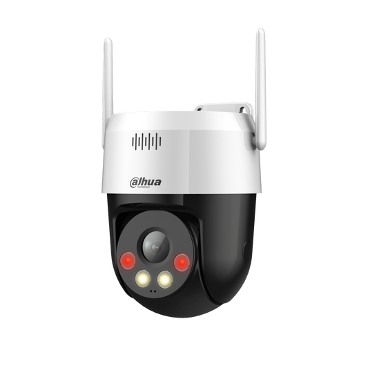 Witte Dahua PT-beveiligingscamera met twee antennes, Smart Dual Light en zwarte lensbehuizing voor buiten.