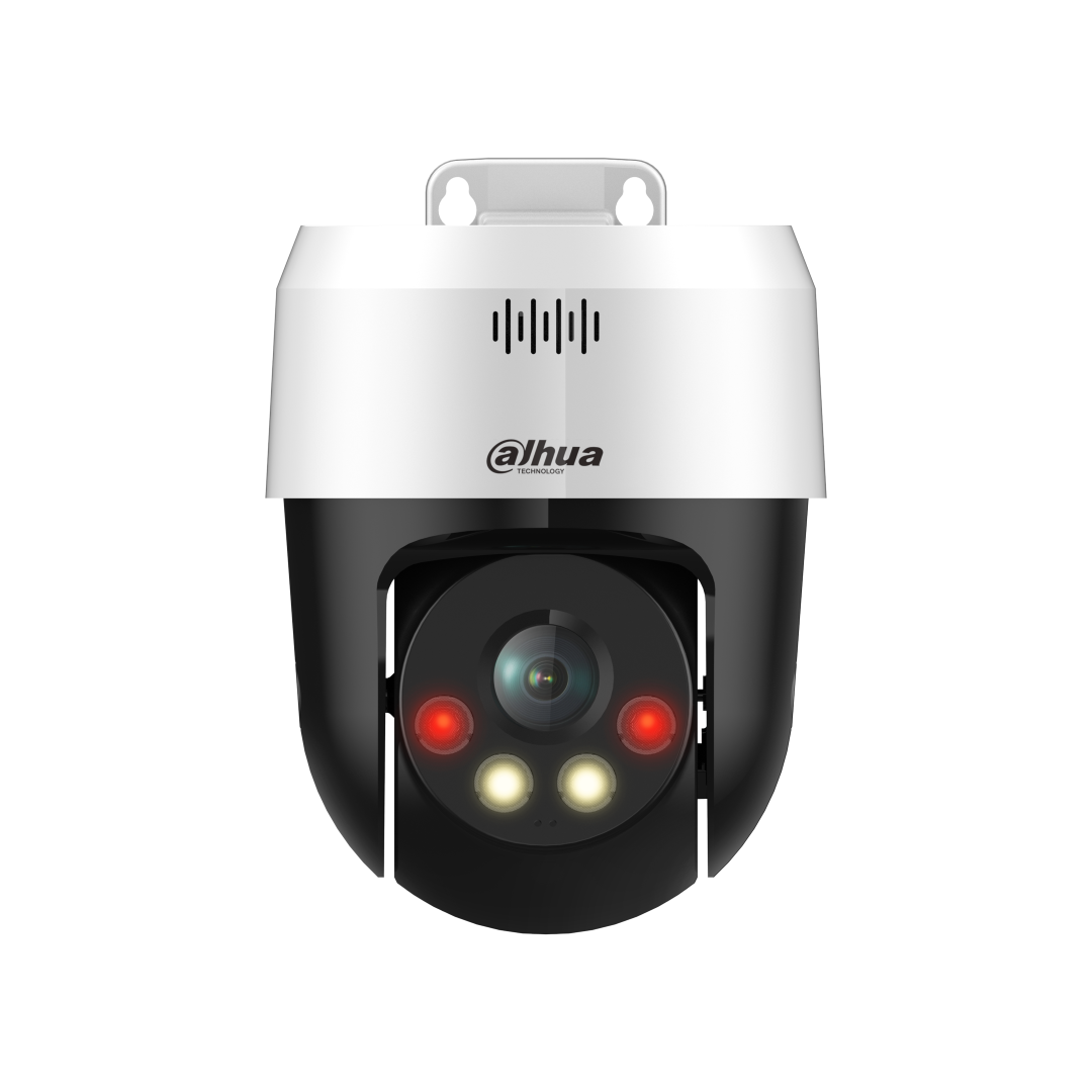 Dahua SD2A500NB-GNY-A-PV PT-camera met wit-zwarte behuizing, dual light-technologie en ingebouwde luidspreker.