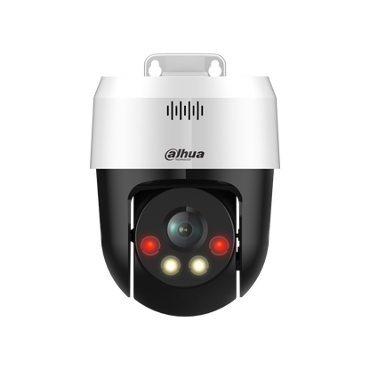 Dahua SD2A500NB-GNY-A-PV PT-camera met wit-zwarte behuizing, dual light-technologie en ingebouwde luidspreker.
