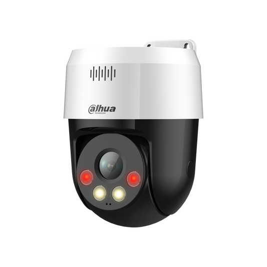 Witte en zwarte Dahua PT-beveiligingscamera met Smart Dual Light, lens en luidspreker voor tweewegscommunicatie.