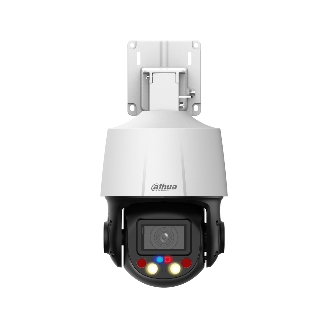 Witte Dahua TiOC PTZ-beveiligingscamera met zwarte lensmodule, rode en blauwe alarmlichten en muurbeugel.