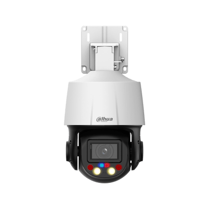 Witte Dahua TiOC PTZ-beveiligingscamera met zwarte lensmodule, rode en blauwe alarmlichten en muurbeugel.
