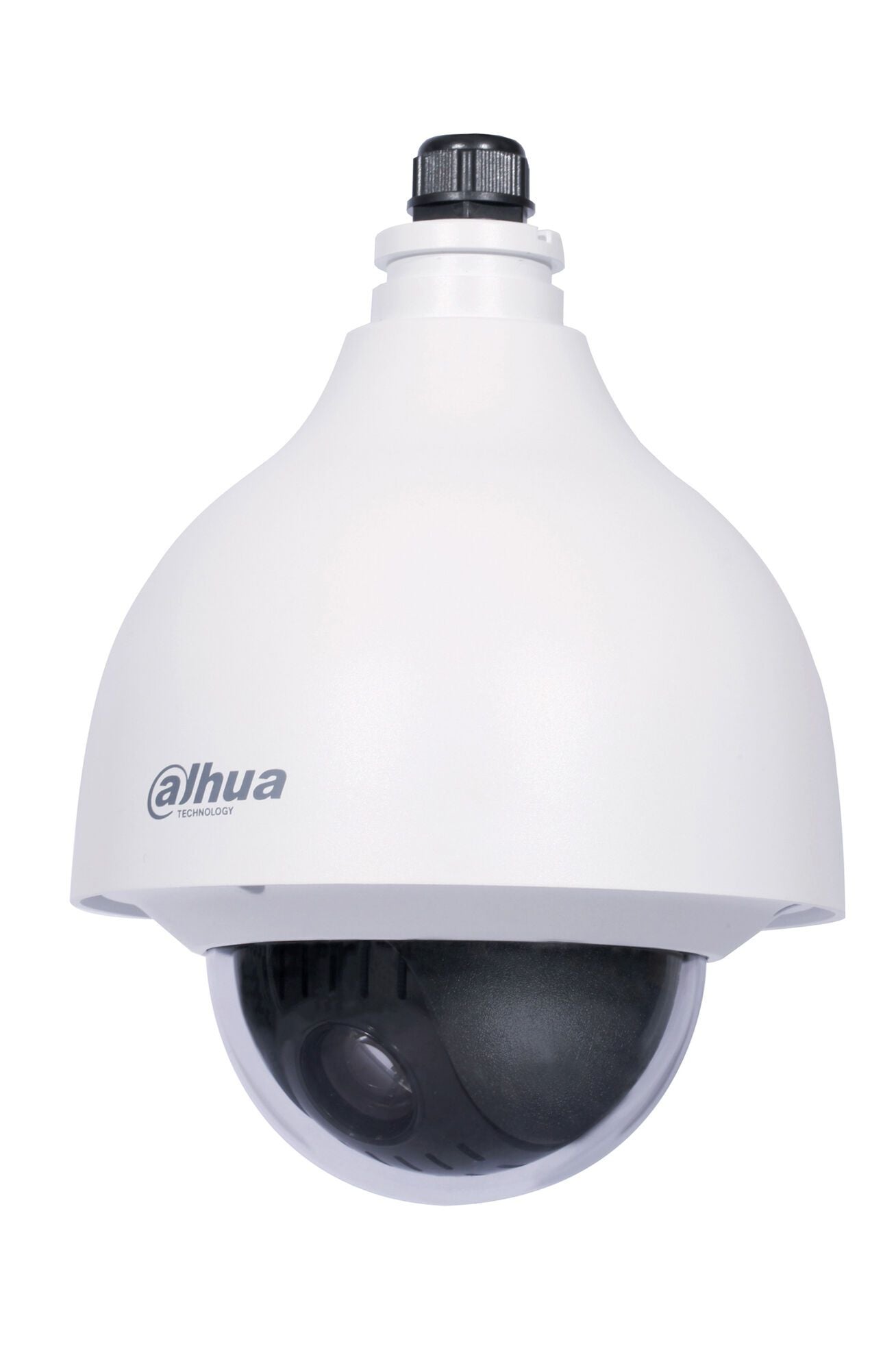 Witte Dahua SD40212T-HN Full HD PTZ dome camera met 12x optische zoom en vandaalbestendige behuizing.