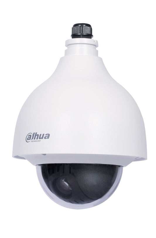 Witte Dahua SD40212T-HN Full HD PTZ dome camera met 12x optische zoom en vandaalbestendige behuizing.