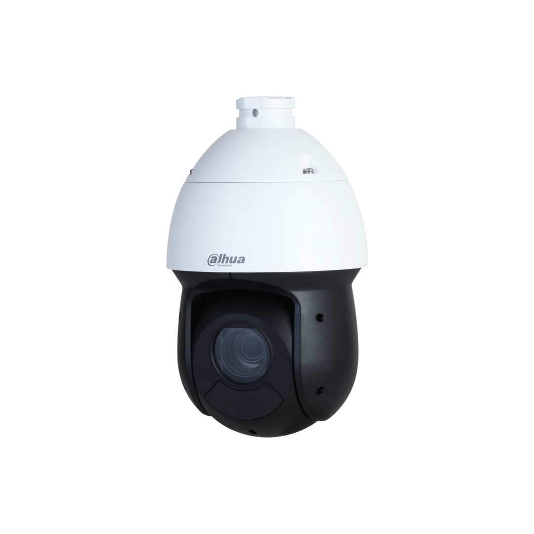 Dahua SD49225DB-HNY PTZ-beveiligingscamera met witte behuizing en zwarte lensmodule voor buitengebruik.