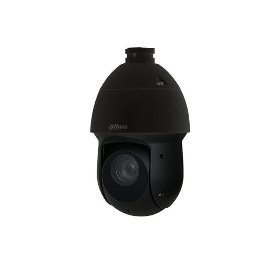 Dahua SD49425GB-HNR zwarte PTZ-beveiligingscamera met 25x optische zoom en strak, weerbestendig koepelontwerp.