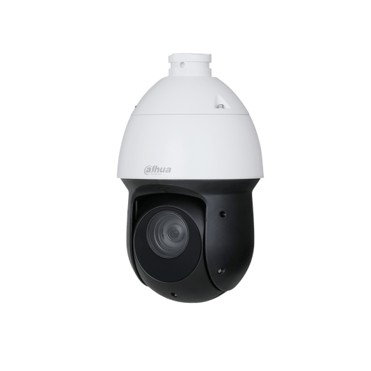 Witte Dahua SD49825GB-HNR PTZ-beveiligingscamera met zwarte lensbehuizing en 25x optische zoom voor buitengebruik.
