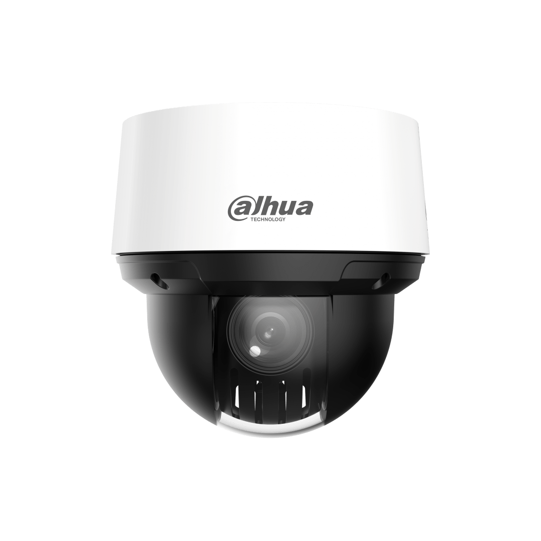 Witte Dahua PTZ-beveiligingscamera met zwarte koepel, 16x optische zoom en Starlight-technologie voor buiten.