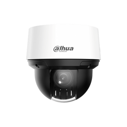 Witte Dahua PTZ-beveiligingscamera met zwarte koepel, 16x optische zoom en Starlight-technologie voor buiten.