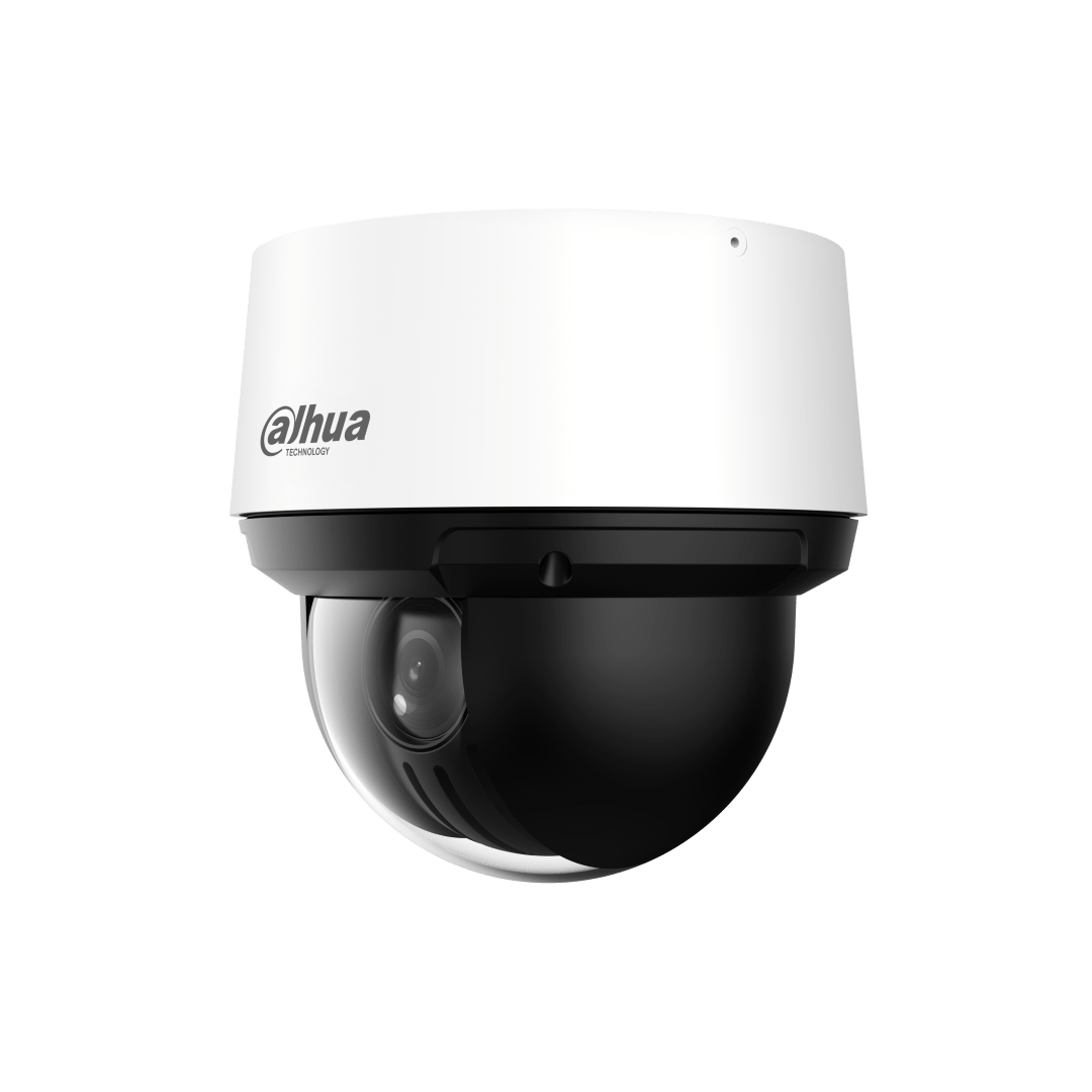 Dahua SD4A216DB-HNY PTZ-beveiligingscamera met witte behuizing en zwarte koepel voor buitenbewaking.