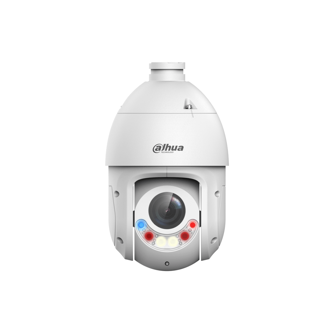 Witte Dahua TiOC PTZ-beveiligingscamera met 25x zoomlens, rode en blauwe waarschuwingslichten en strak design.