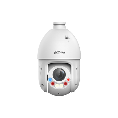 Witte Dahua TiOC PTZ-beveiligingscamera met 25x zoomlens, rode en blauwe waarschuwingslichten en strak design.