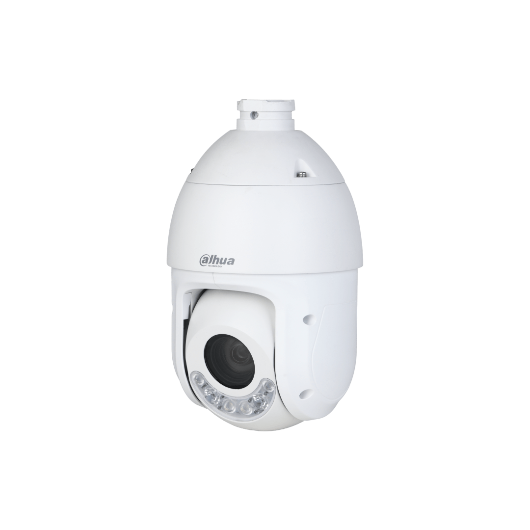Witte Dahua TiOC PTZ-beveiligingscamera met 25x zoomlens, geïntegreerde LED-verlichting en robuuste behuizing.