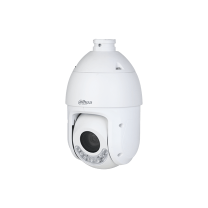 Witte Dahua TiOC PTZ-beveiligingscamera met 25x zoomlens, geïntegreerde LED-verlichting en robuuste behuizing.
