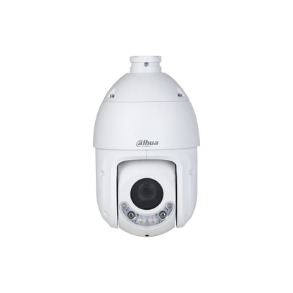 Witte Dahua TiOC PTZ-beveiligingscamera met 25x zoomlens en geïntegreerde waarschuwingsverlichting.