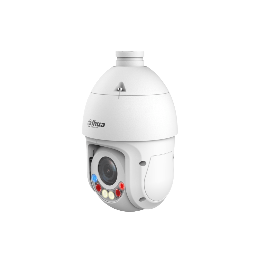 Witte Dahua TiOC PTZ-beveiligingscamera met 25x zoomlens, rode en blauwe waarschuwingslichten en strak design.