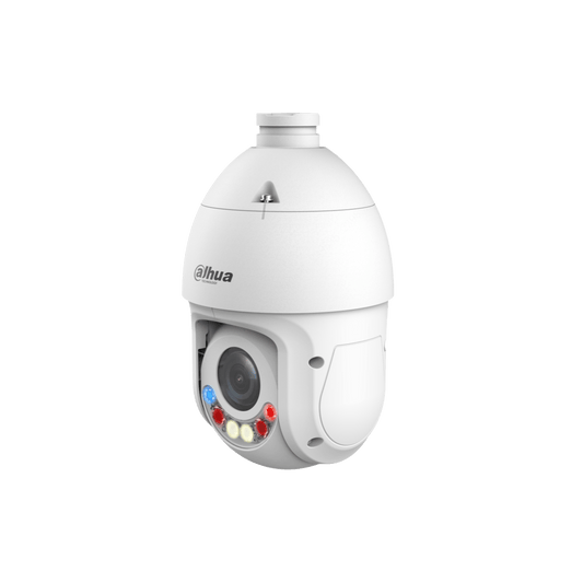 Witte Dahua TiOC PTZ-beveiligingscamera met 25x zoomlens, rode en blauwe waarschuwingslichten en strak design.