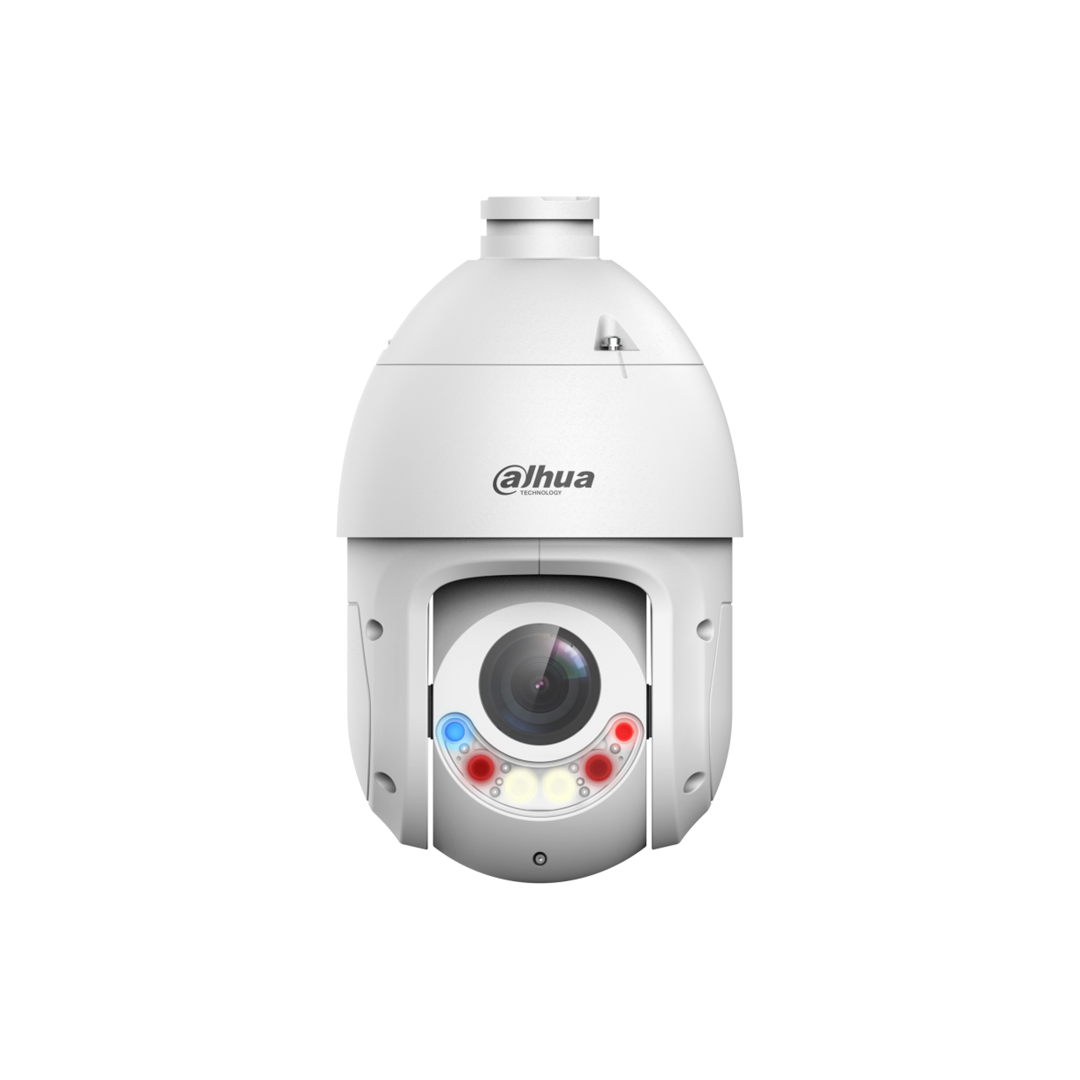 Witte Dahua TiOC PTZ-beveiligingscamera met 8MP lens, rode en blauwe waarschuwingslichten en robuuste behuizing.