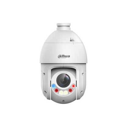 Witte Dahua TiOC PTZ-beveiligingscamera met 8MP lens, rode en blauwe waarschuwingslichten en robuuste behuizing.