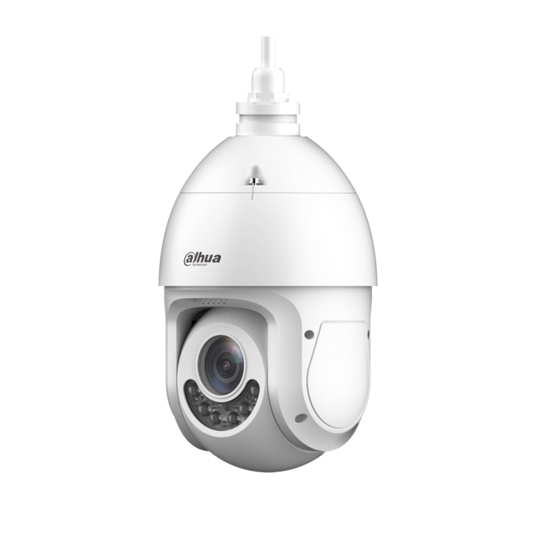 Witte Dahua TiOC PTZ-beveiligingscamera met 8MP lens, infraroodverlichting en rood-blauwe waarschuwingslichten.