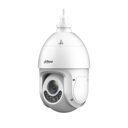Witte Dahua TiOC PTZ-beveiligingscamera met 8MP lens, infraroodverlichting en rood-blauwe waarschuwingslichten.