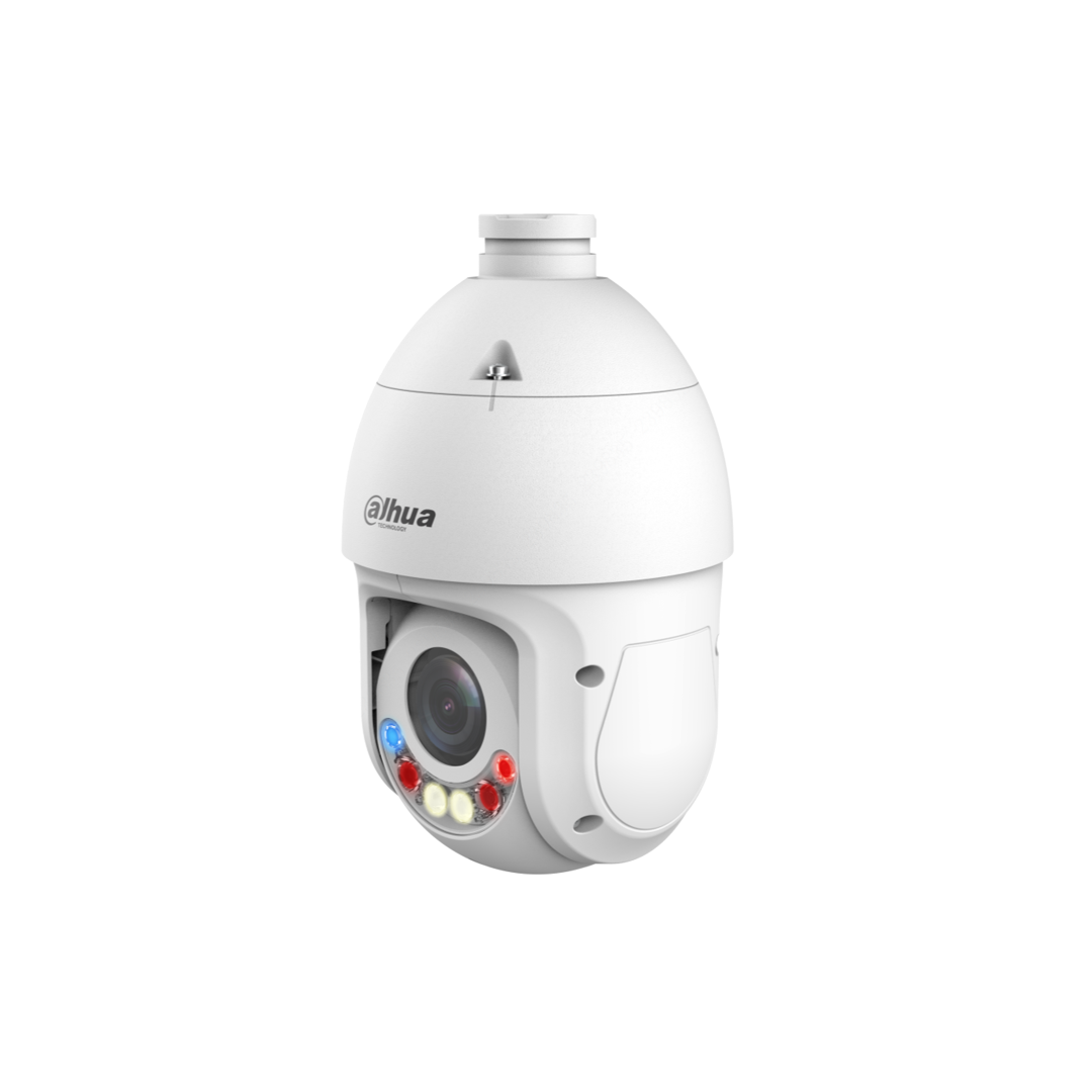 Witte Dahua TiOC PTZ-beveiligingscamera met 8MP lens, rode en blauwe waarschuwingslichten en robuuste IP66-behuizing.
